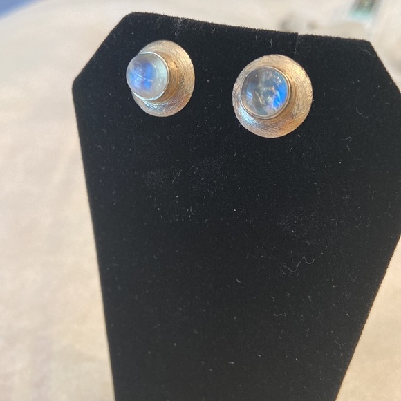 Sterling silver & blue moonstone stud earrings. Brushed finish on the sterling. - Picture 2 of 5